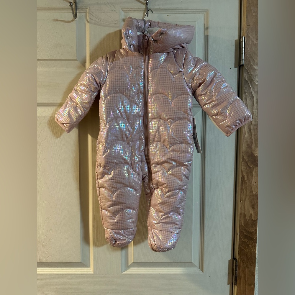 Kensie Girl Iridescent Foil Print Quilted Snowsuit: PINK: NEW WITH TAGS: 6/9 MTH